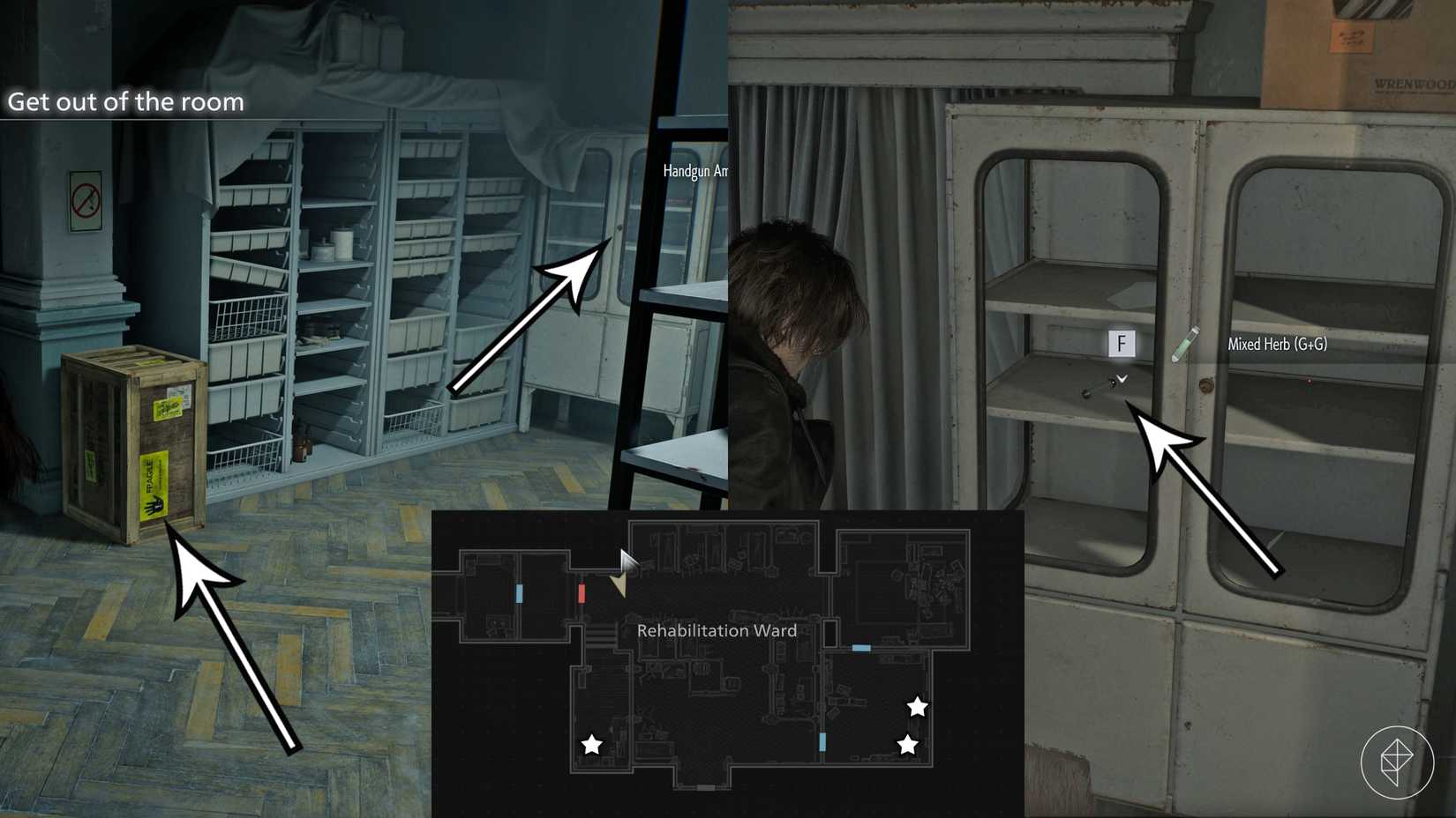 A crate, ammo, and healing item in the rehabilitation ward in Resident Evil Requiem.