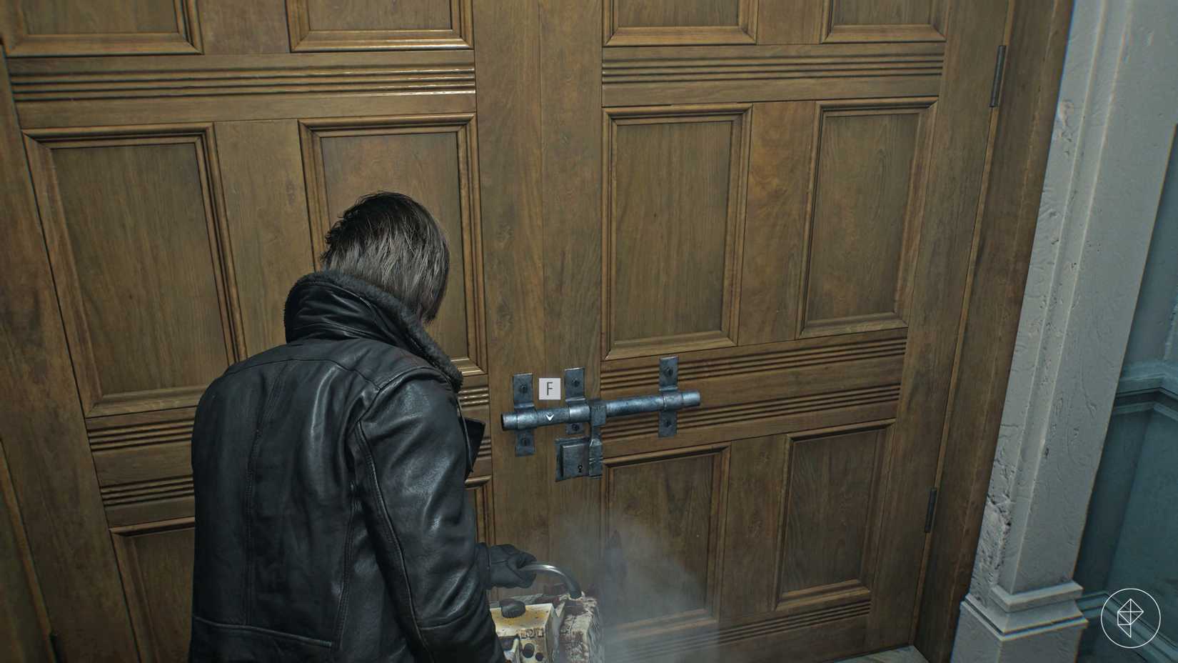 Leon opens a bolted door in the rehabilitation ward in Resident Evil Requiem.