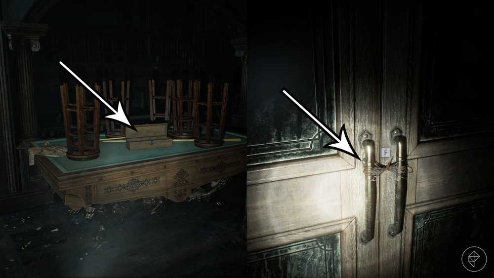 Uma caixa contendo alicate e uma porta bloqueada em Resident Evil Requiem.