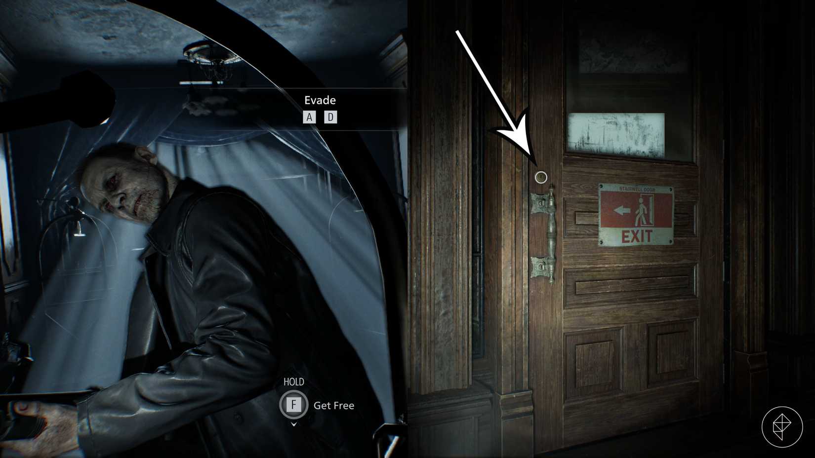 A zombie and exit from the Wrenwood Hotel in Resident Evil Requiem.