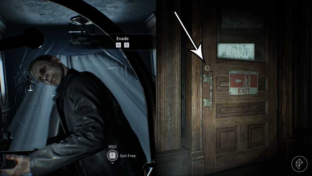 Um zumbi e saída do Wrenwood Hotel em Resident Evil Requiem.