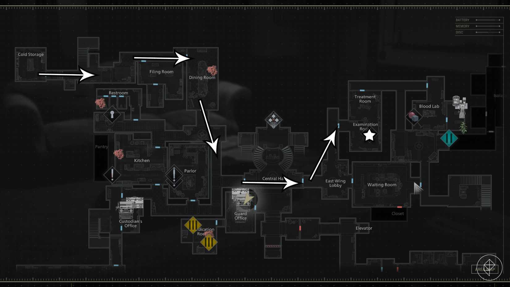 The path from Cold Storage to the Examination Room in Resident Evil Requiem.