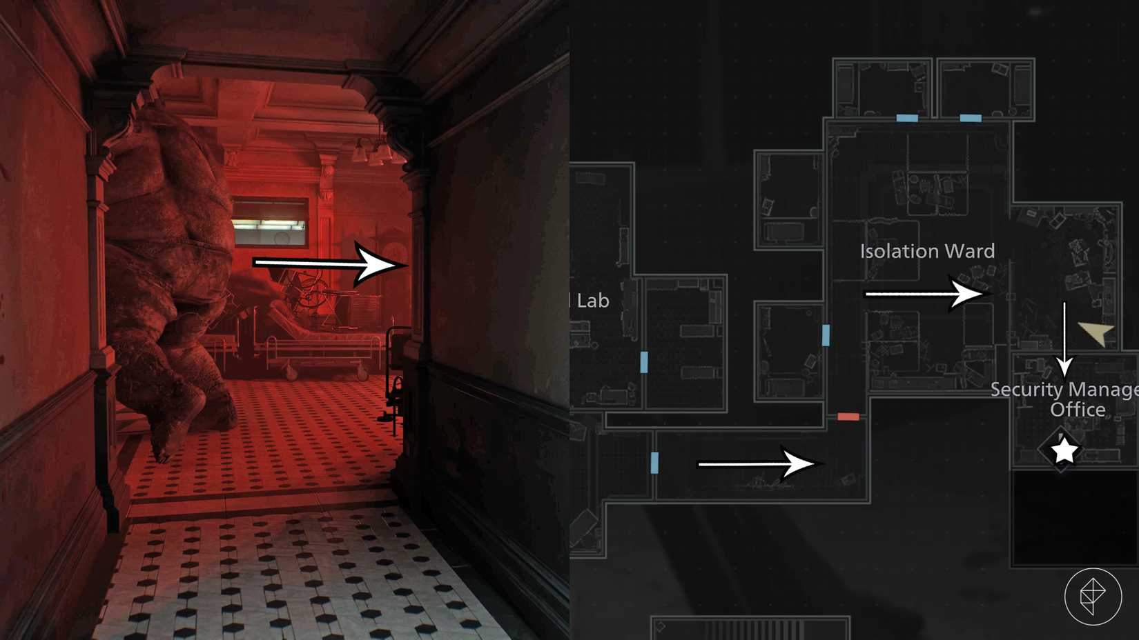 A path leading past a monster, into the Isolation Ward in Resident Evil Requiem.