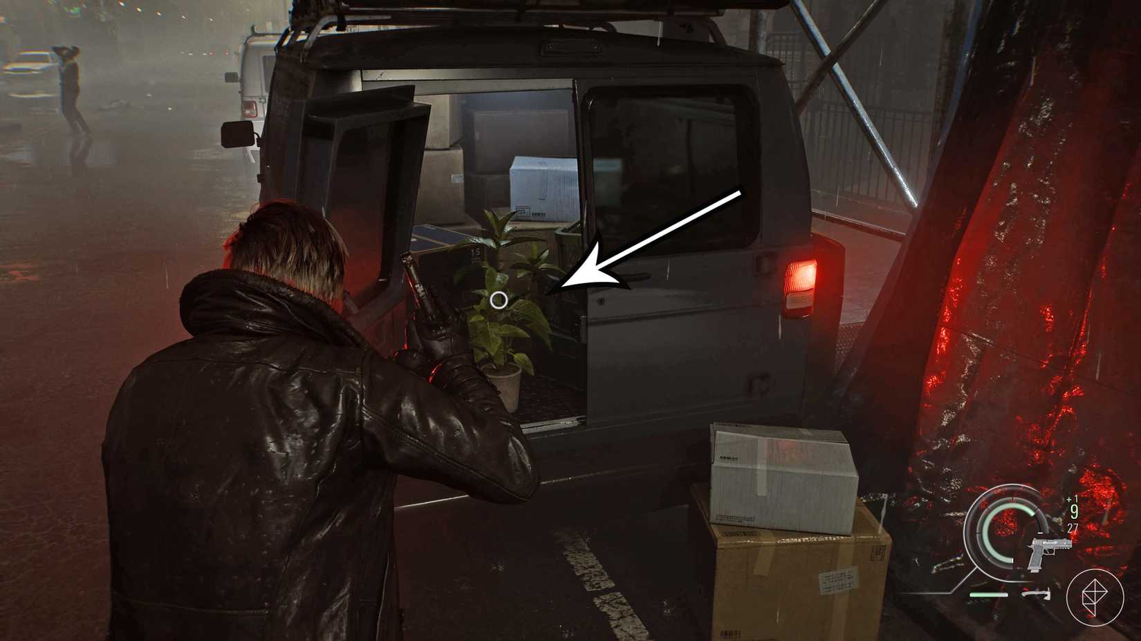 Leon finds a green herb in Resident Evil Requiem.