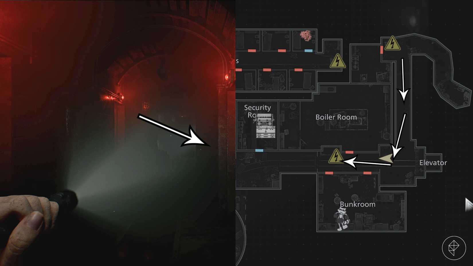 The path from the Boiler Room to the Bunkroom in the Basement in Resident Evil Requiem.