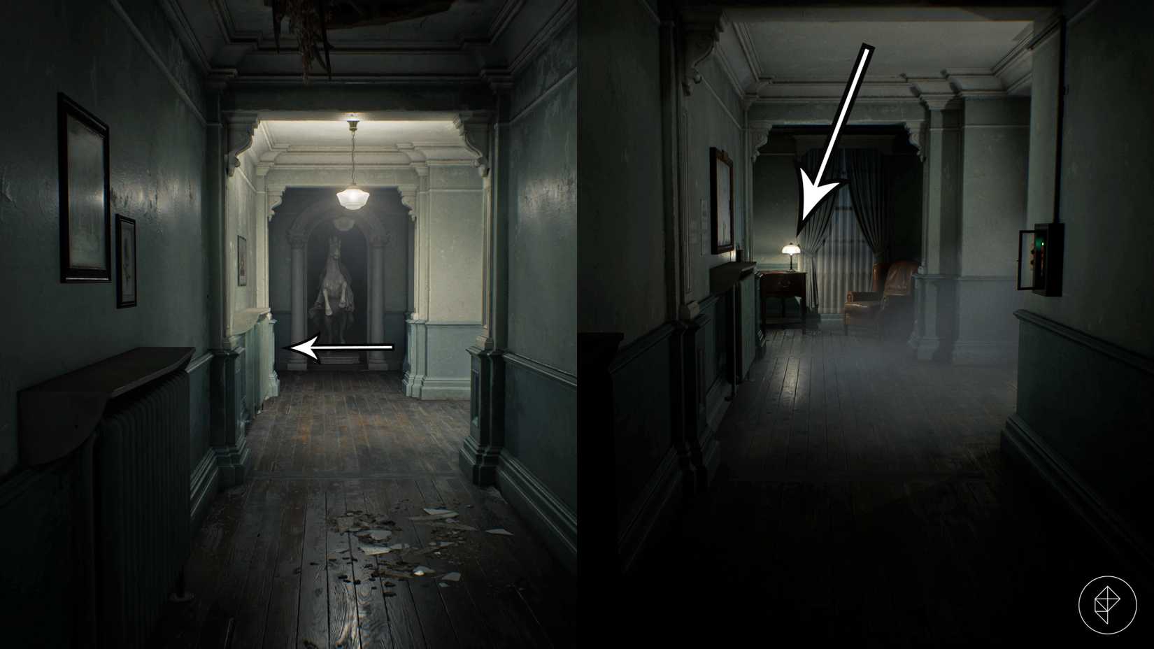 A hallway leading to the Cherub Key at the Chronic Care Center in Resident Evil Requiem.