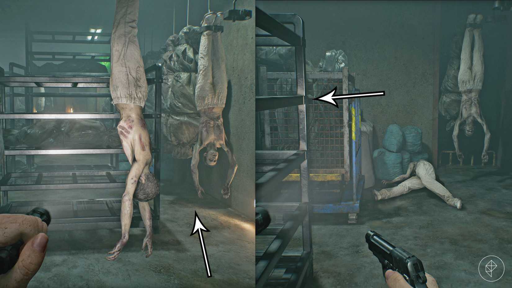 A zombie hanging from the ceiling in the basement of Resident Evil: Requiem.