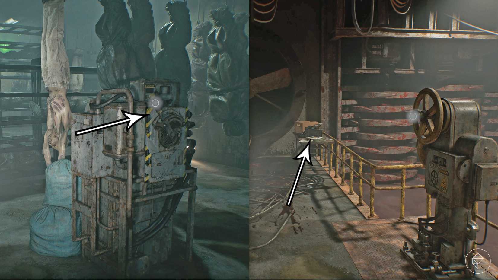The lever and typewriter indicated by the arrow in the basement of Resident Evil Requiem.