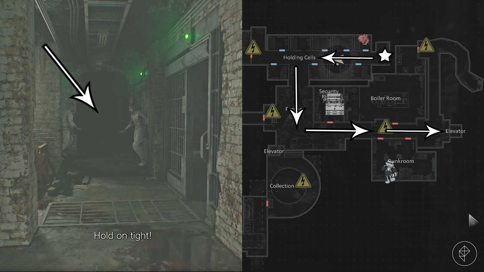 The escape route from the electrical switch in the basement of Resident Evil Requiem to the elevator.