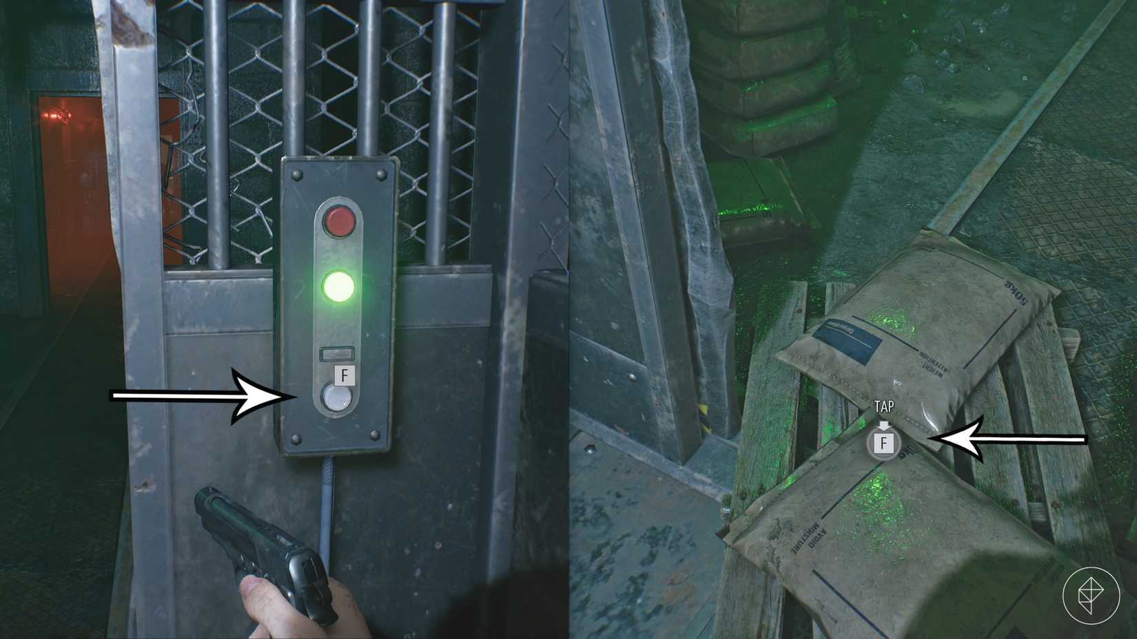 Arrows point to an elevator button and bags that need to be removed in Resident Evil Requiem's Basement.