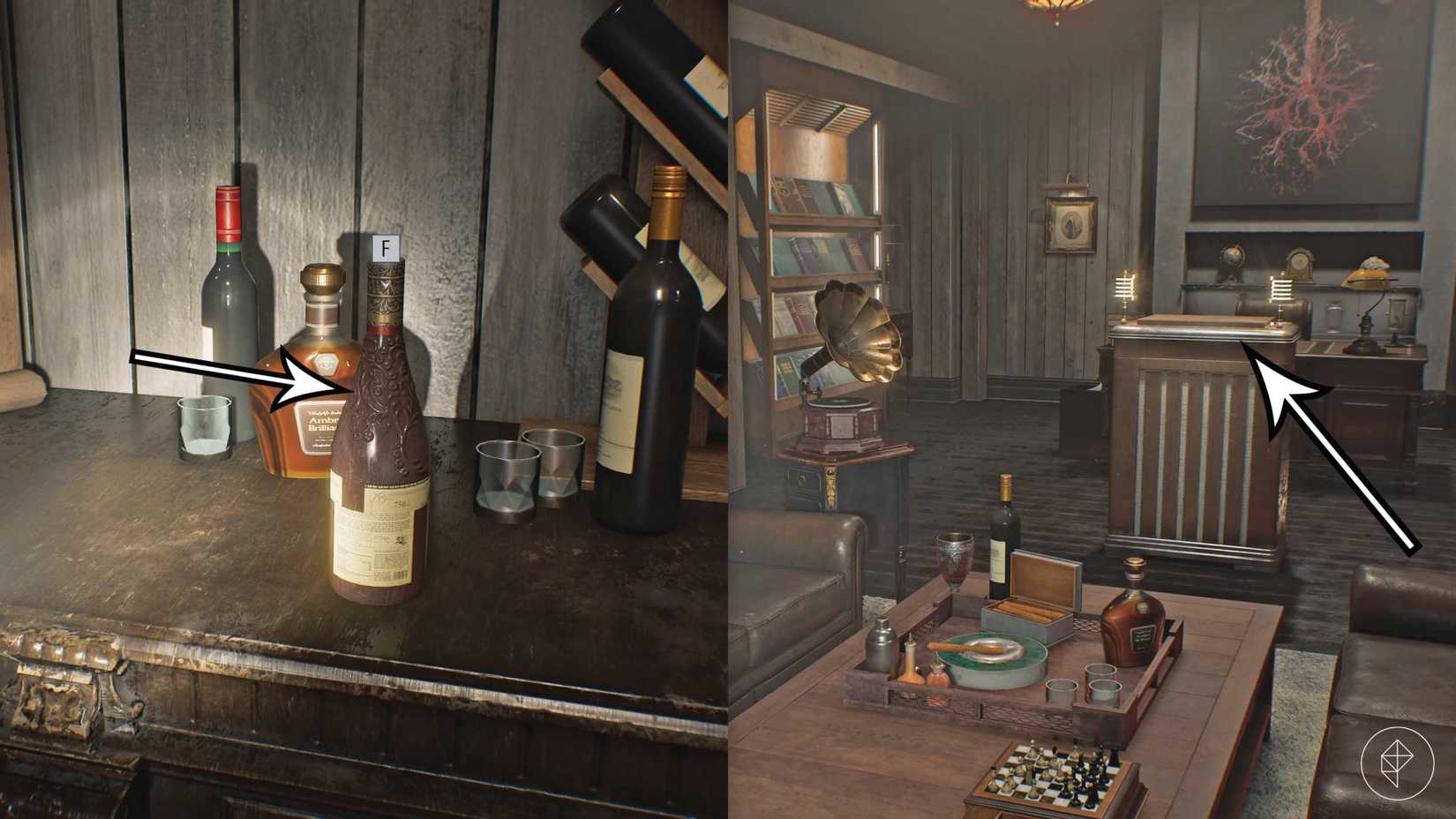 Arrows point to a puzzle mechanism ans a wine bottle with a missing part needed to complete the puzzle in the Courtyard shack in Resident Evil Requiem.
