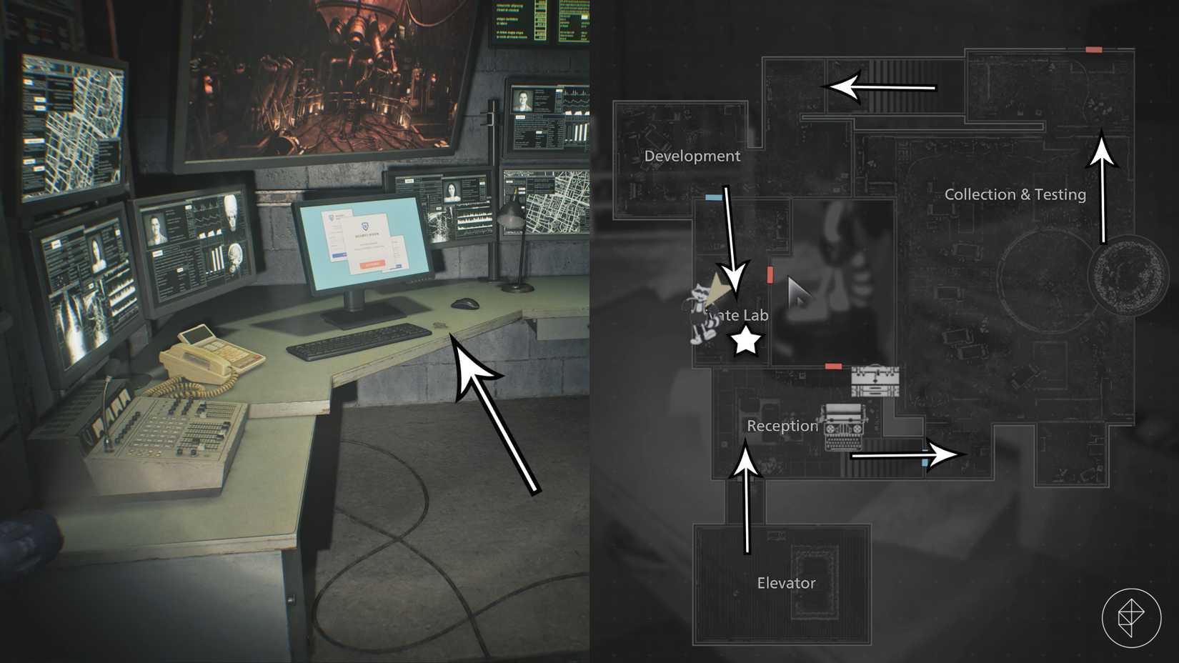 The route through the undeground lab in the Courtyard and the helicopter key location n Resident Evil Requiem.