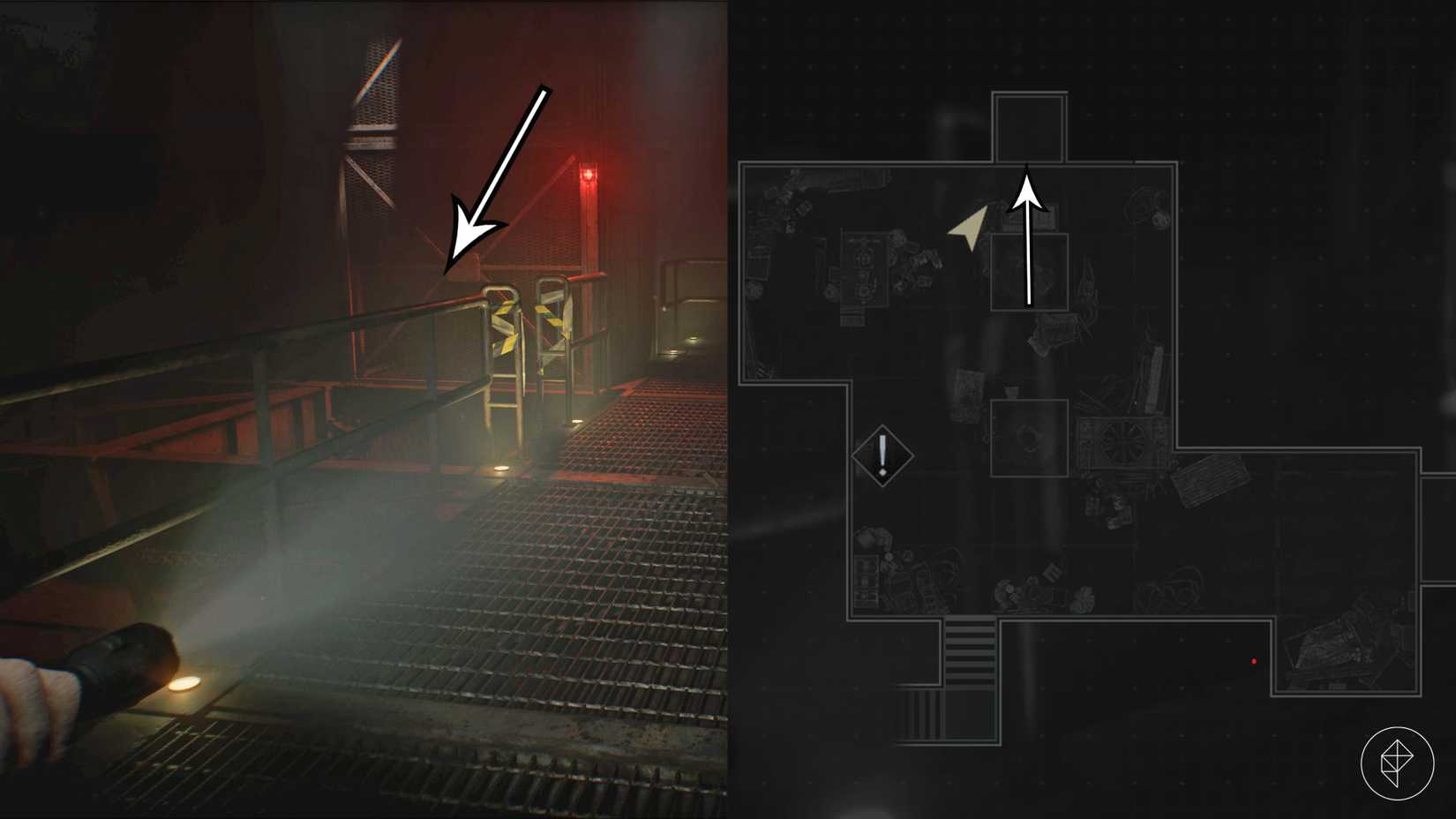 Arrows point to the Water Treatment Plant entrance in Resident Evil Requiem.