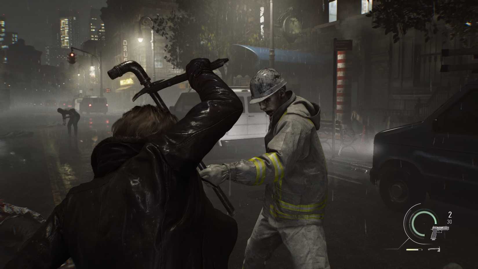 Leon Kennedy utilizes a wrench to parry an attack from a mutated firefighter in Resident Evil Requiem.