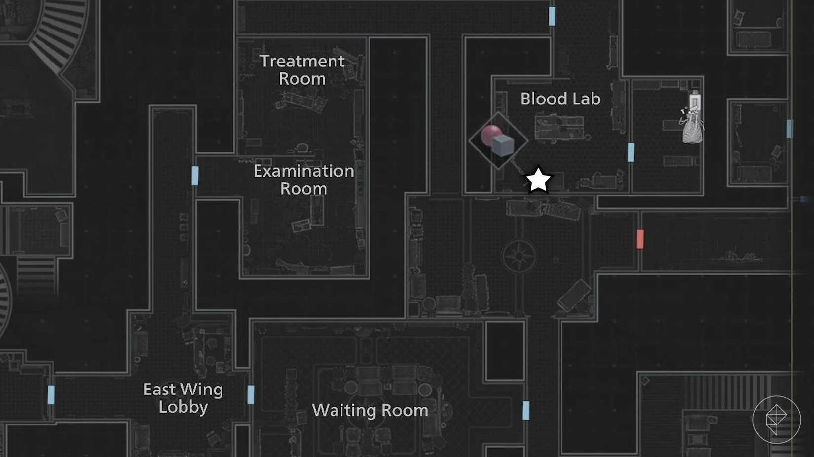 A map image showing where to find the denatured blood specimen in Resident Evil Requiem