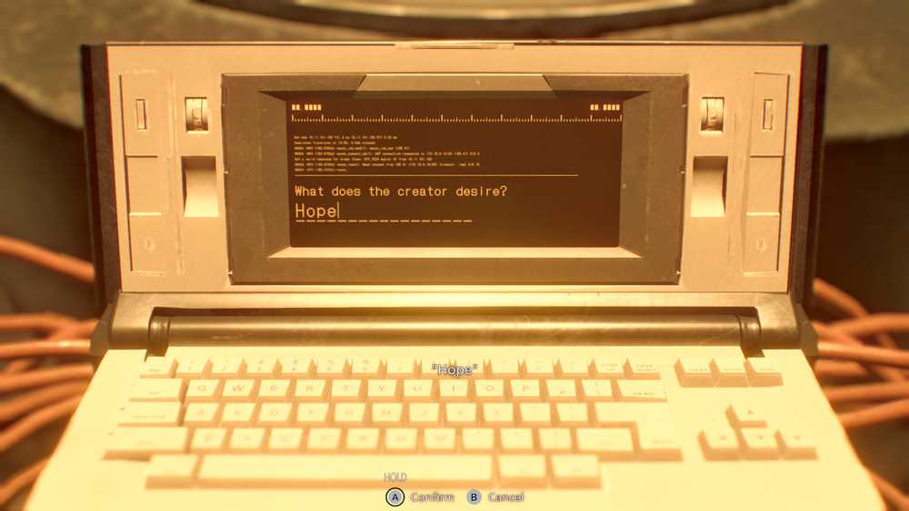 O terminal Elpis em Resident Evil Requiem, perguntando ao usuário qual é o desejo do criador