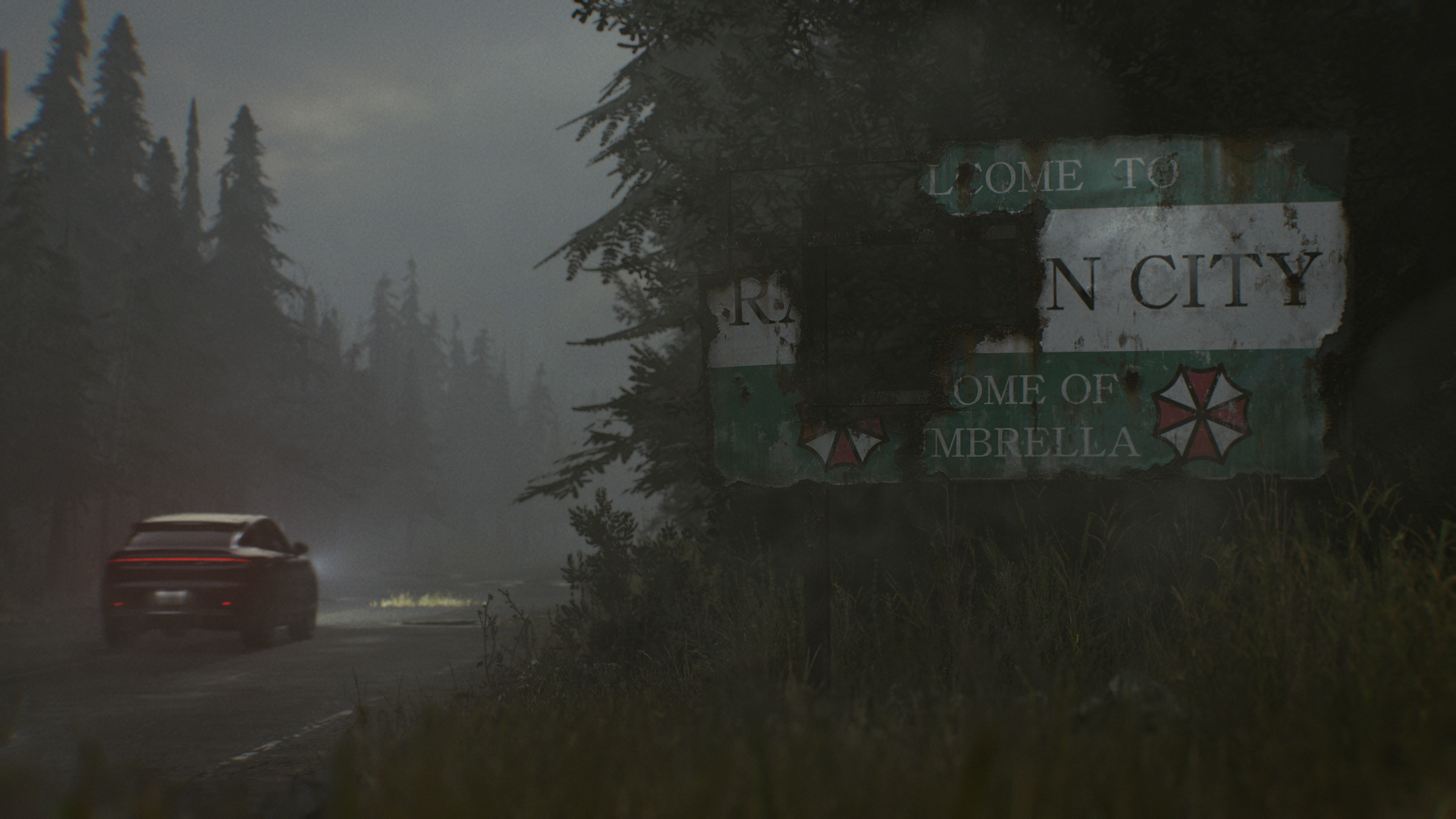 A destroyed Racoon City road sign appears in Resident Evil Requiem.