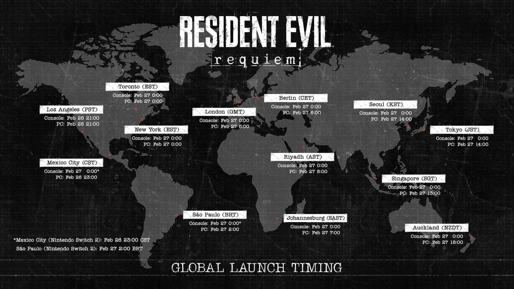 An image showing Resident Evil Requiem release times around the world