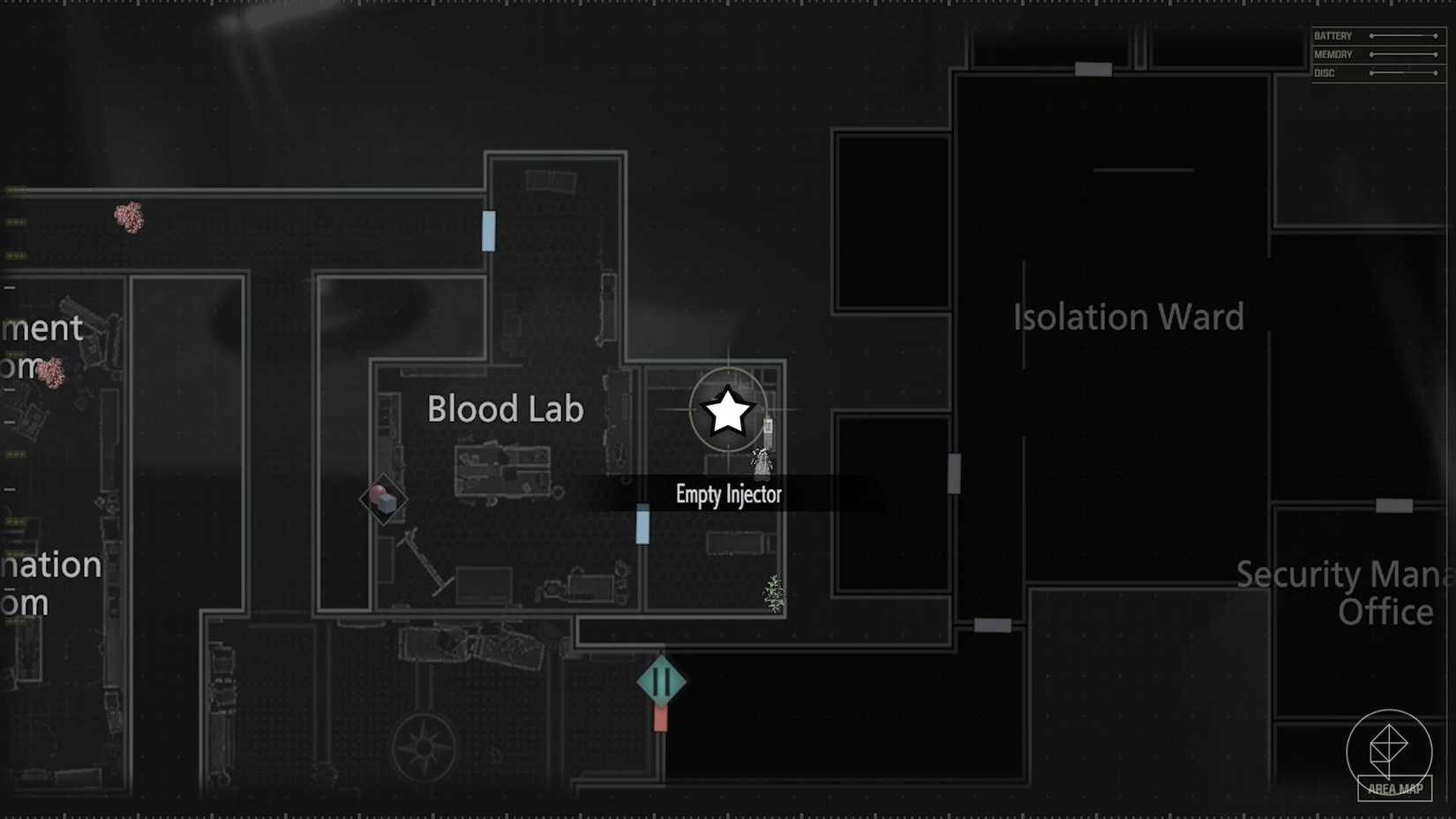 A map showing where to find the reversible blood specimen in Resident Evil Requiem