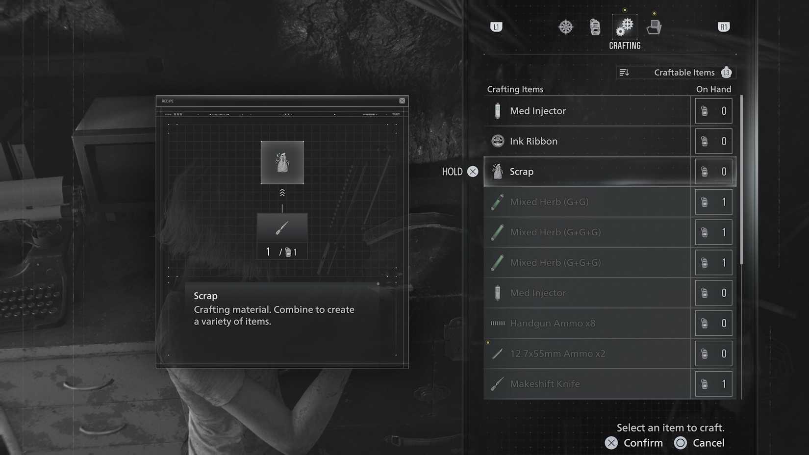 The crafting menu screen in Resident Evil requiem
