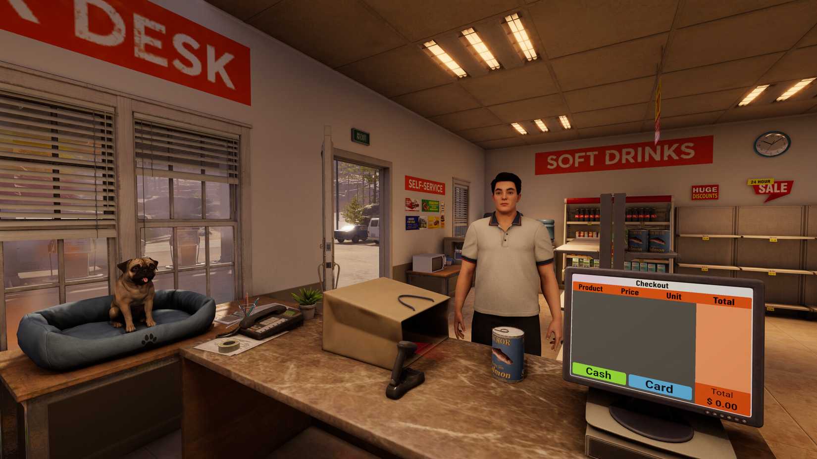 A man buys food at the cash register in Roadside Research