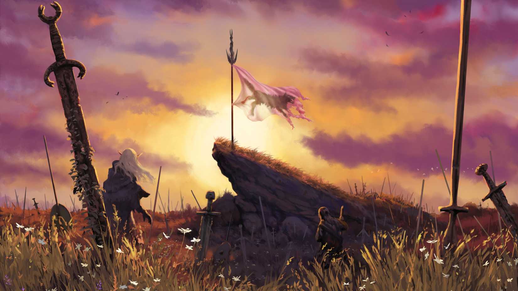 An elf stands in a field with a torn wolf banner filled with long abandoned weapons and shields in art from Beyond the Woods