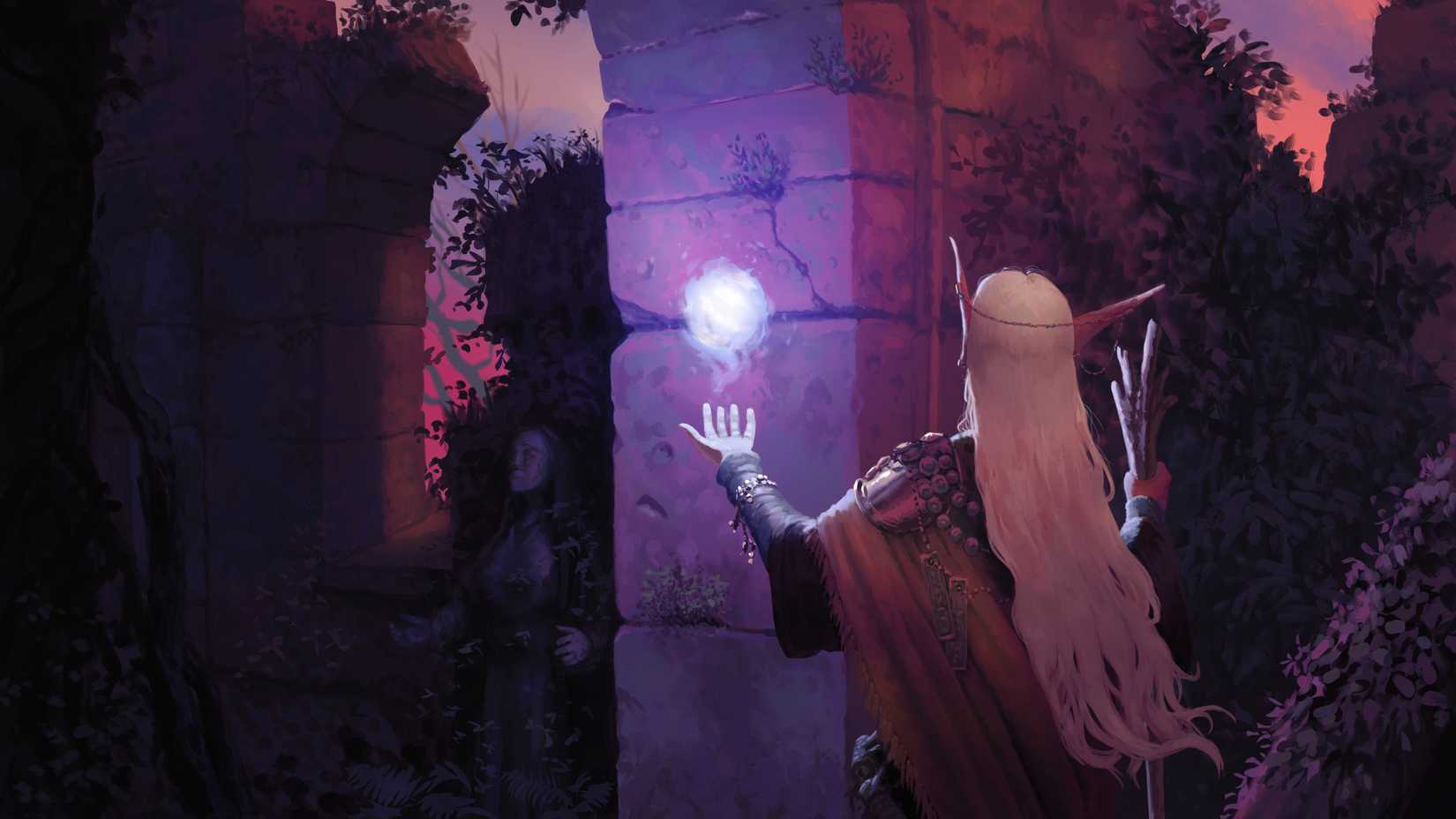 An elf holding a staff and conjuring a floating ball of light examines overgrown ruins in art from Beyond the Woods