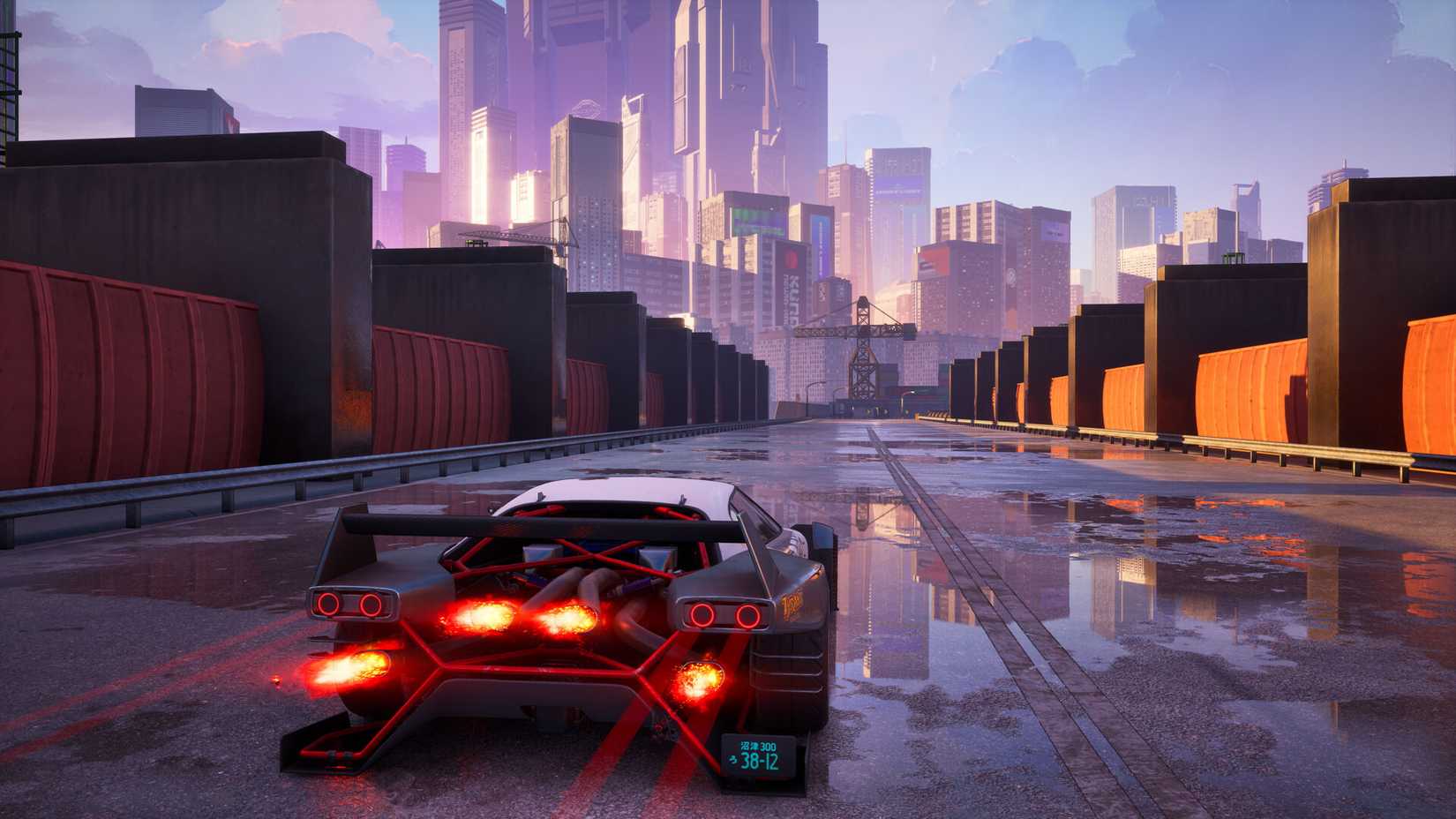 A futuristic car races through docks toward a city skyline in Screamer