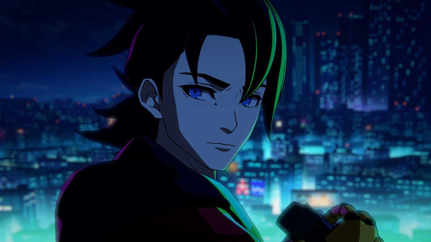 An anime man looks thoughtfully over his shoulder against a cyberpunk city night backdrop in Screamer