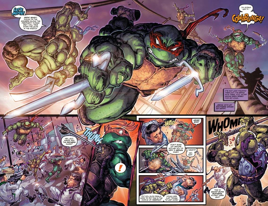 The TMNT jump off a bridge in Issue number 13