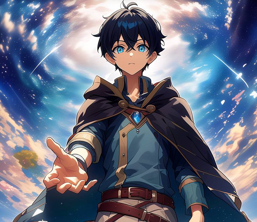 Anime-style art from Gates of Krystalia featuring a male hero reaching out