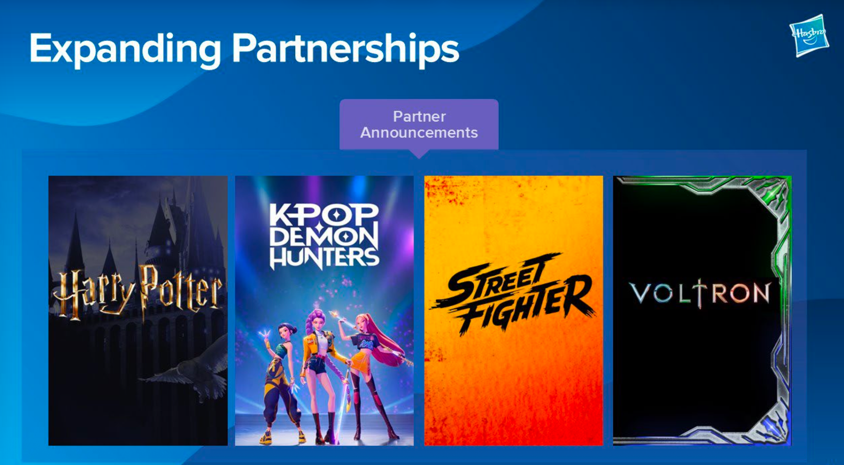 A slide from Hasbro's Feb. 10, 2026 earnings call highlighting partnerships with Harry Potter, K-Pop Demon Hunters, Street Fighter, and Voltron.