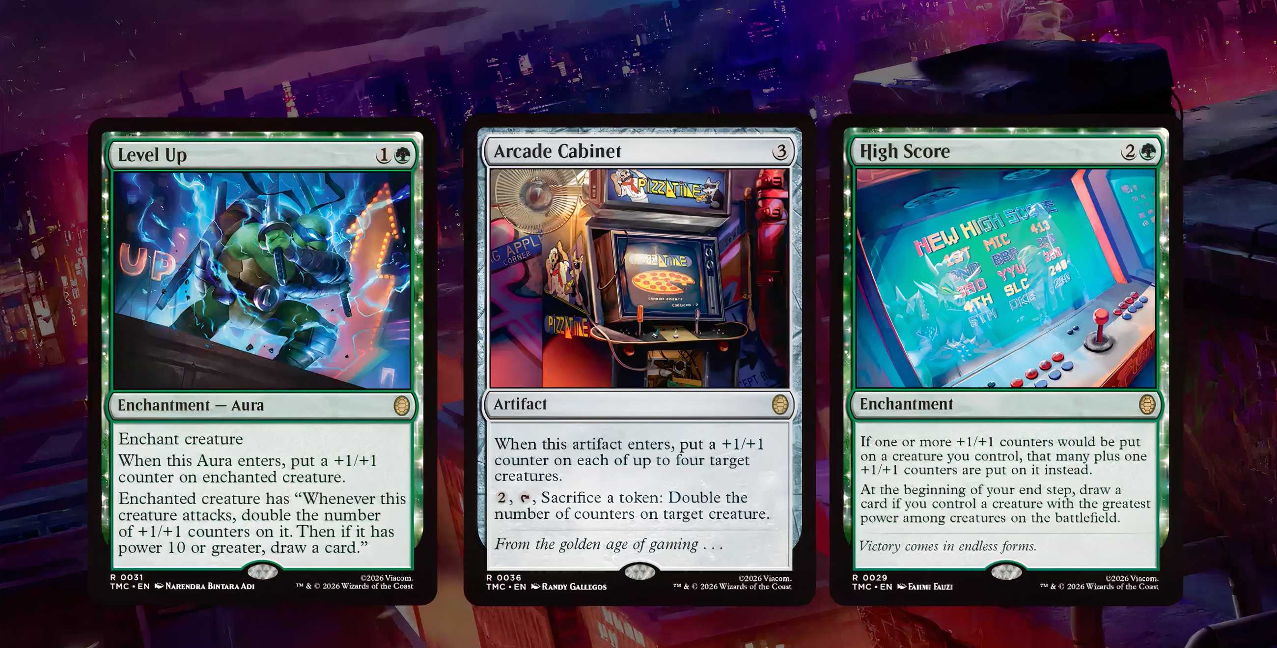 Three Magic: The Gathering cards from the TMNT Commander deck