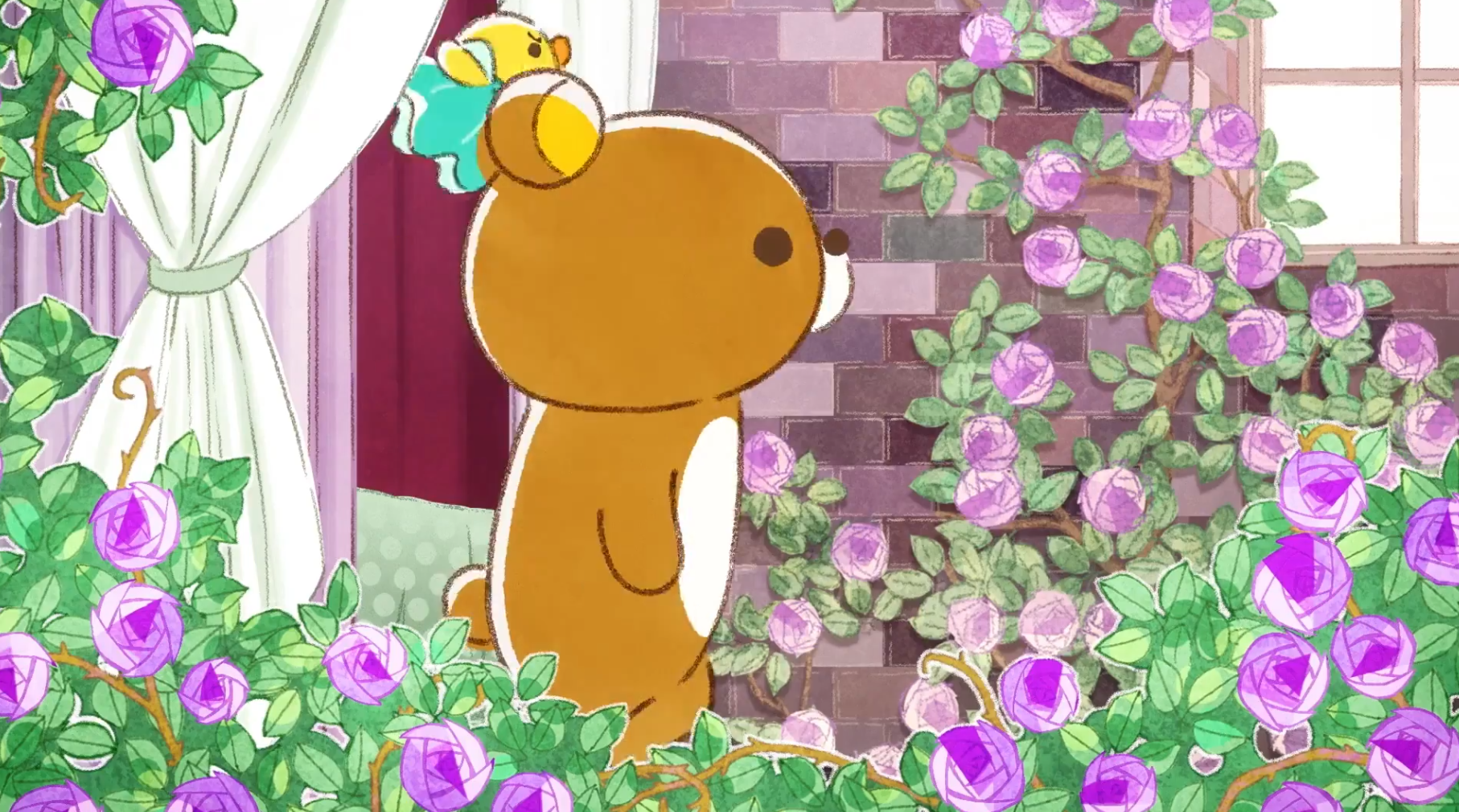 Rilakkuma wandering through a flower garden