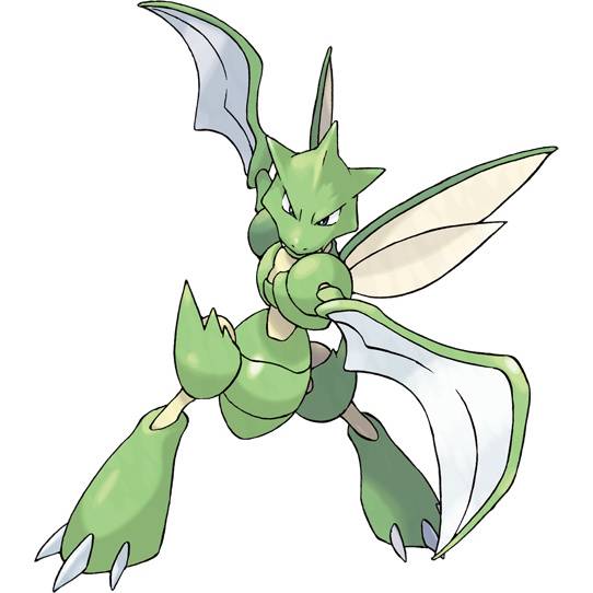 Scyther in Pokemon Firered, a mantis-like bipedal creature with large scythes for arms
