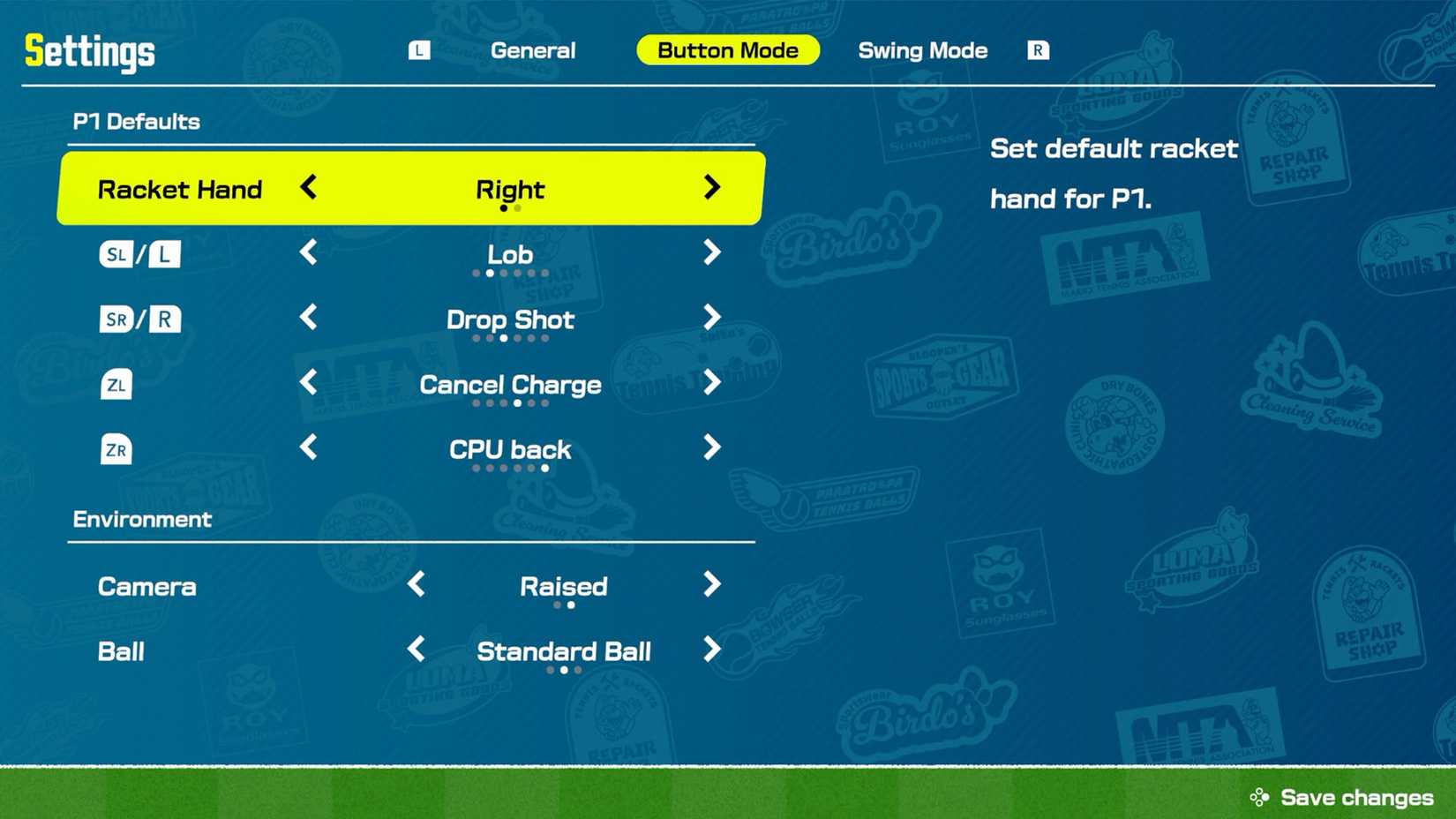 The settings menu in Mario Tennis Fever.