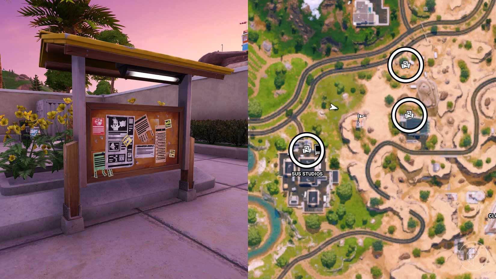 Shadow Briefings circled on the Fortnite map.
