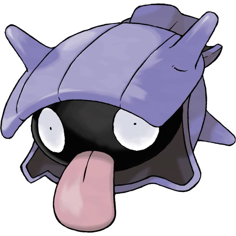 Shellder in Pokemon Firered, a purple clam with large eyes and a prominent tongue sticking out