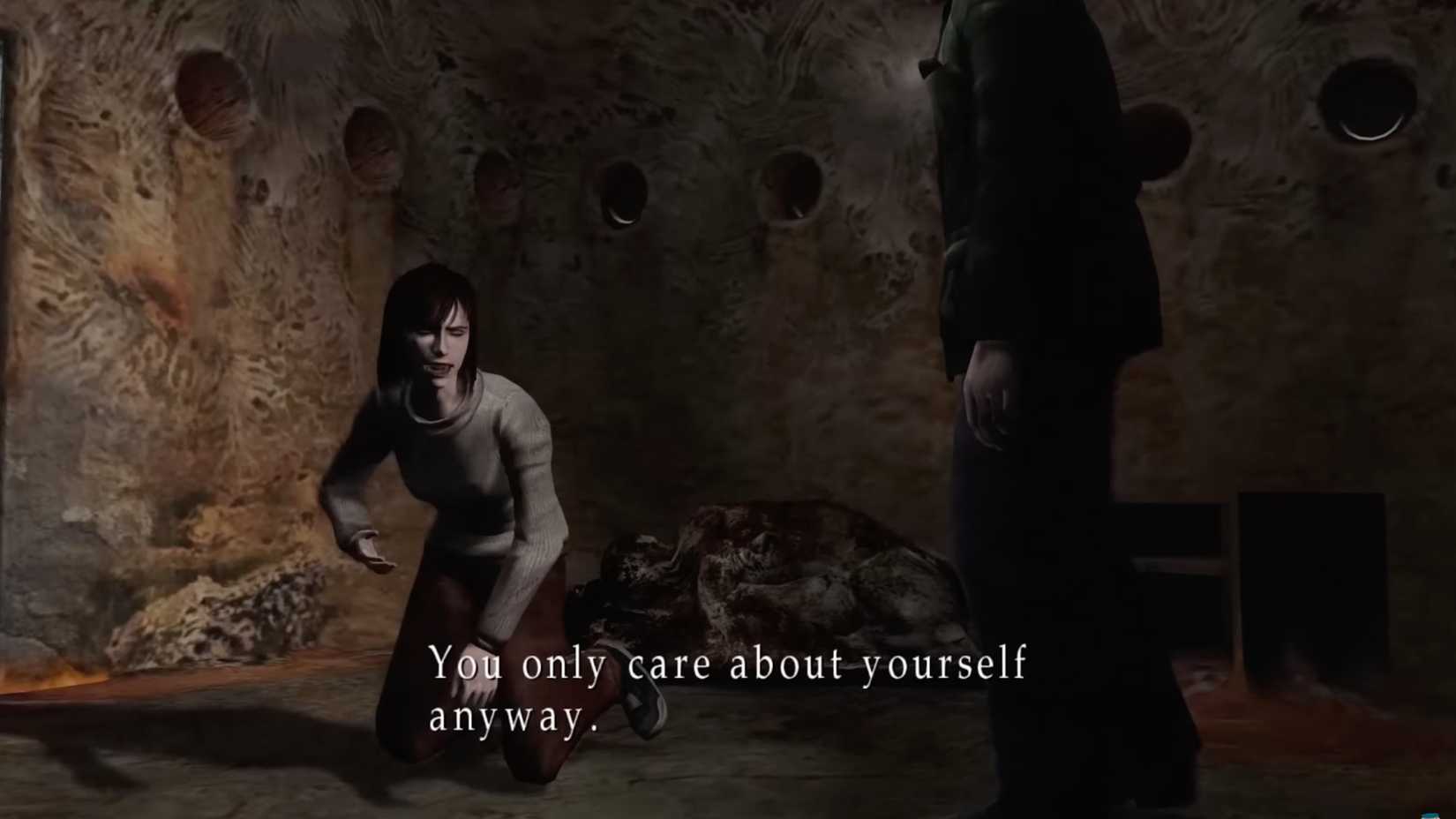 In Silent Hill 2, Angela kneels on the ground, telling James, "You only care about yourself anyway."