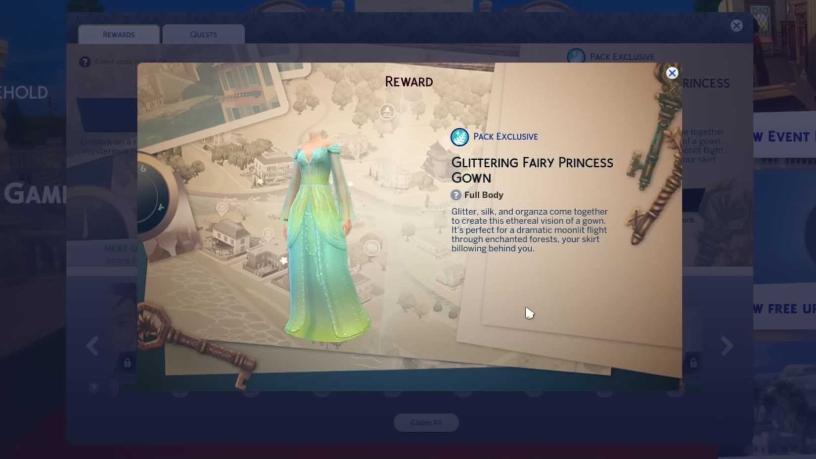 A teal-and-lime-green floor-length dress called the Glittering Fairy Princess Gown, as seen in the Lost Legacies Event reward list.