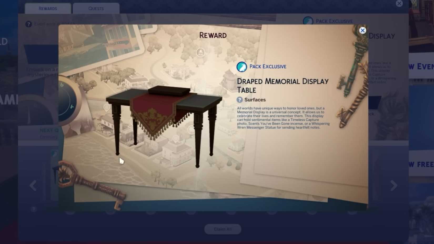 A black wooden table with a red-and-gold fabric table runner, called the Draped Memorial Display Table, as seen in the Lost Legacies Event reward list.