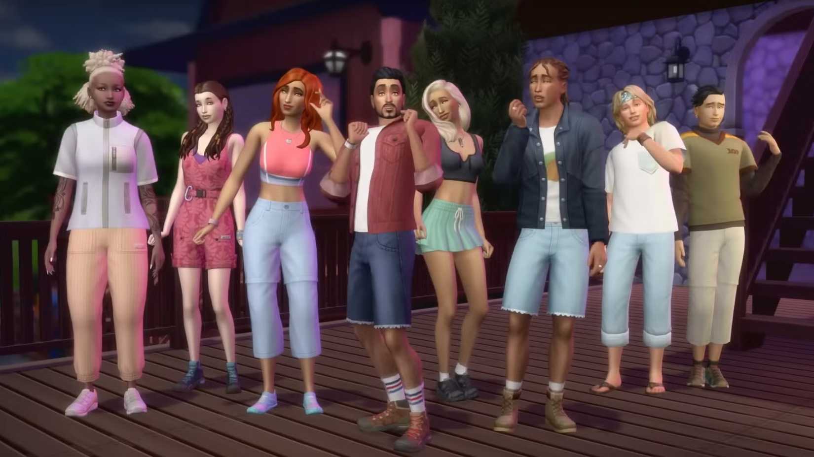 A group of eight Sims stand in a line, facing the camera and making various facial expressions