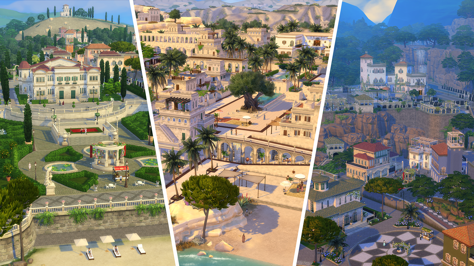 Sims 4 Ondarion's three neighborhoods side by side