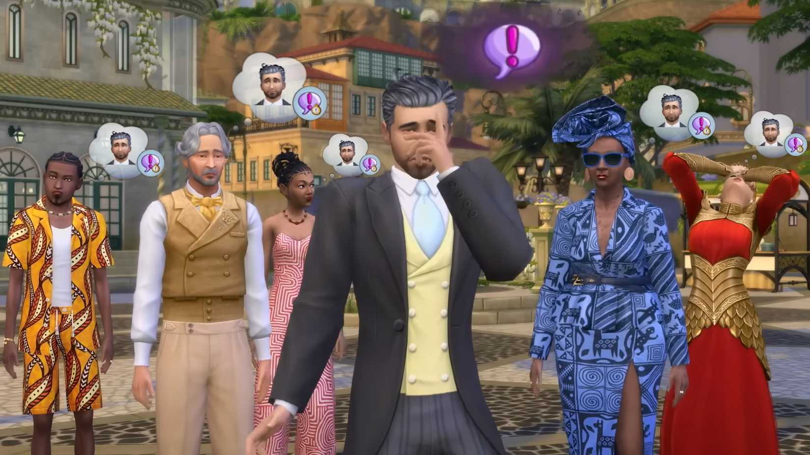 Sims 4 Sim facing a scandal, others look mad at him