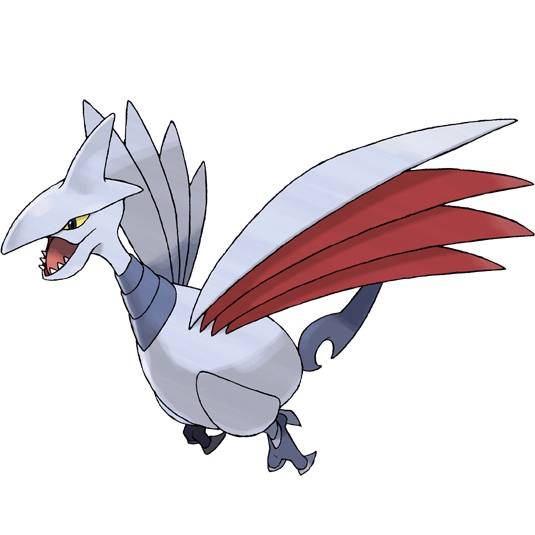 Skarmory in Pokemon Firered, a large metallic silver bird with red wing feathers