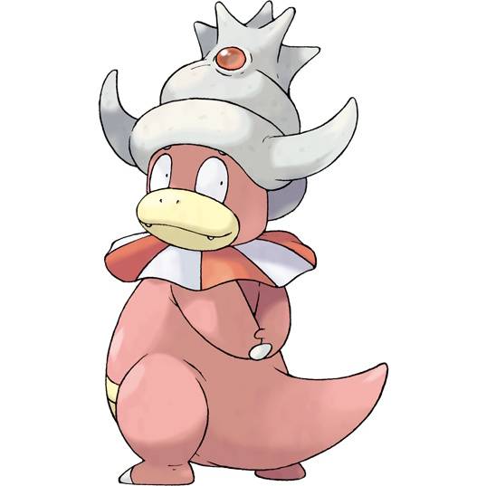 Slowking in Pokemon Leafgreen, a bipedal pink creature with a thick, short tail, a red and white ruffed collar, and a shell on its head