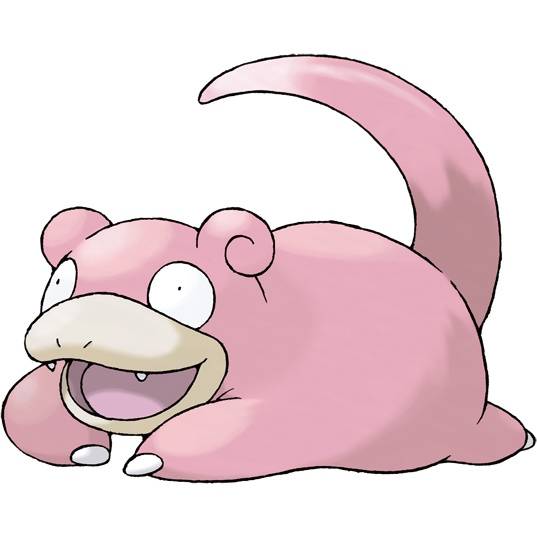 Slowpoke in Pokemon Leafgreen, a large pink slothlike creature with big eyes, an open mouth, a long tail, and a goofy expression on its face