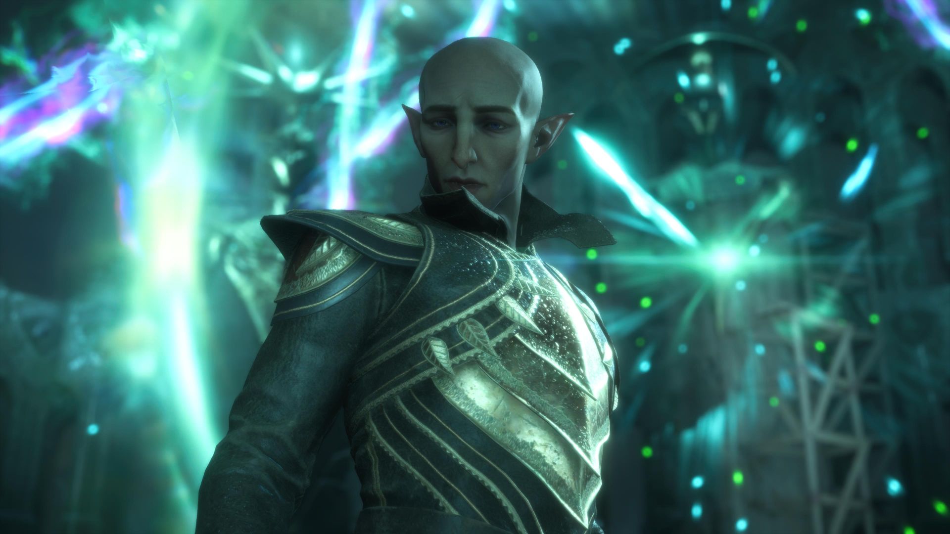 Solas, a hairless, pale elf, gazes down and to the left with a heartbroken expression.