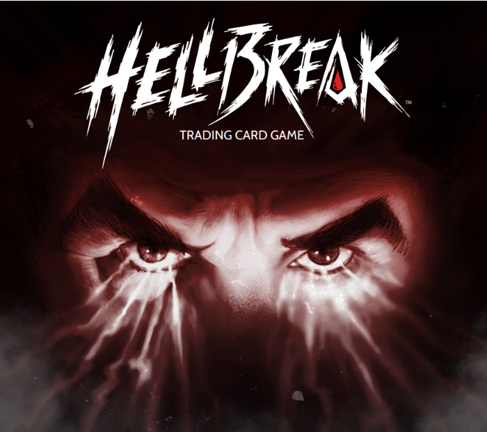 The logo for the trading card game Hellbreak with a shadowy look at Dracula's eyes