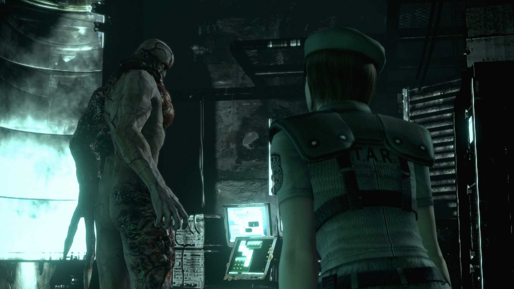 Jill Valentine stares at Tyrant in Resident Evil.